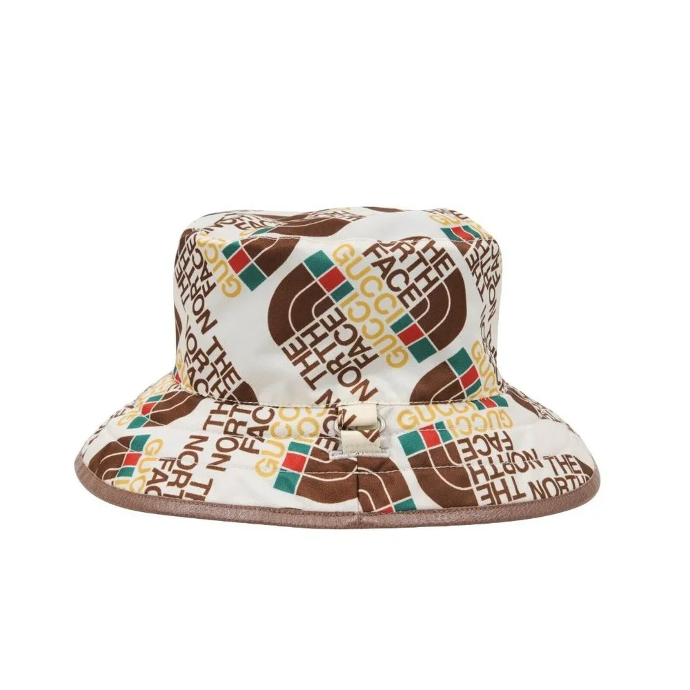 Gucci Mens The North Face All Over Logo Bucket Hat White Brown Nylon Adjustable - Picture 2 of 9